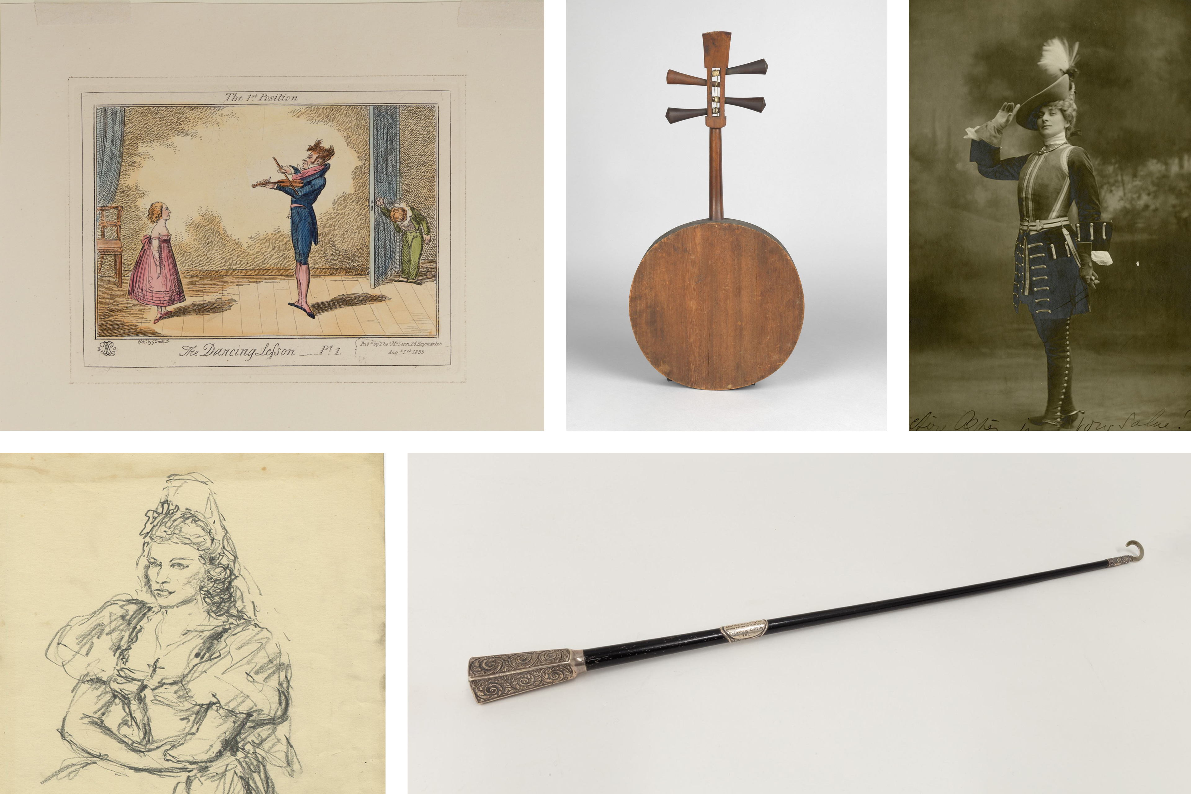 Five images of objects in the Hidden Treasures collection: two portraits, one instrument, a baton and a print. 